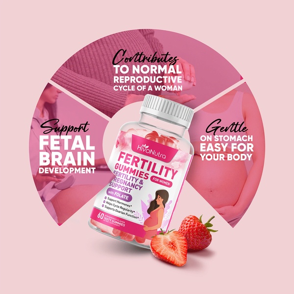 A square-format static ad showing a bottle of fertility gummies surrounded by radial segments that clearly map out three distinct health benefits.